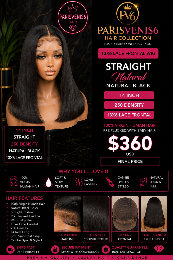 Parisvenis6 14'' Natural Balck 250 Density Straight Wig