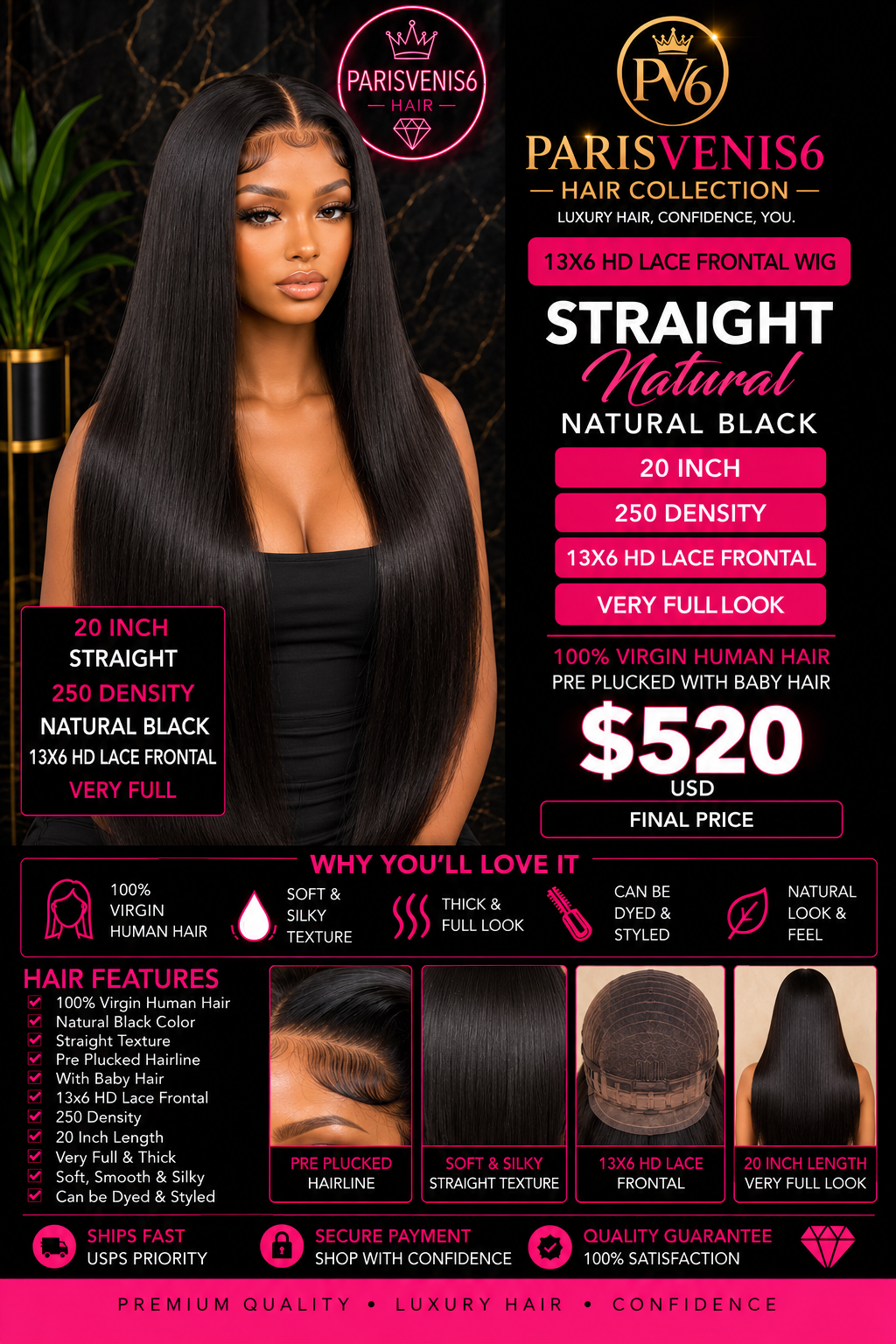 20” Natural Black Human Wig