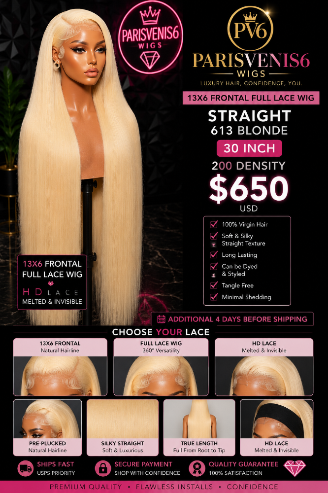 Parisvenis6 30'' Straight 613 Human Wig 200 Density Frontal Wig