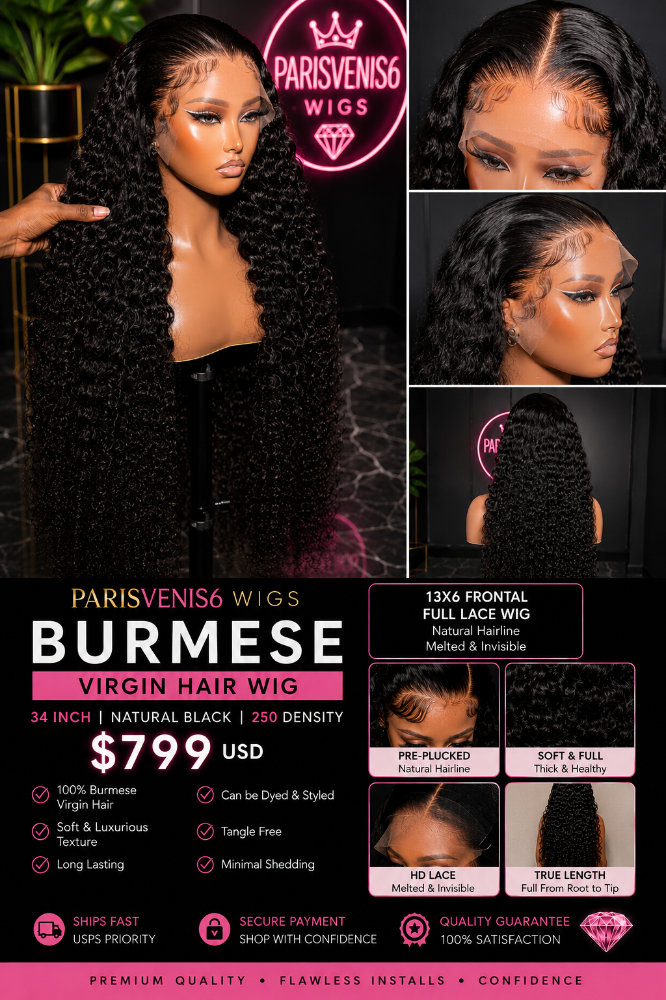 Parisvenis6 Burmese Human Wig 13x6 Frontal 250 Density Natural Black