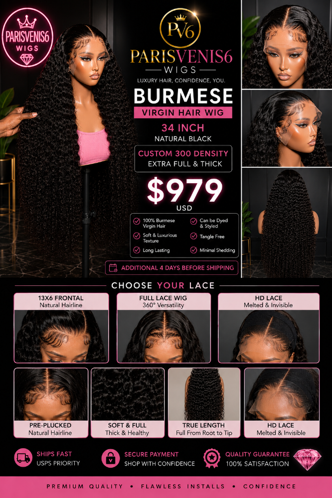 Parisvenis6 Burmese Custom 300 Density Human Wig 34'' Natural Black