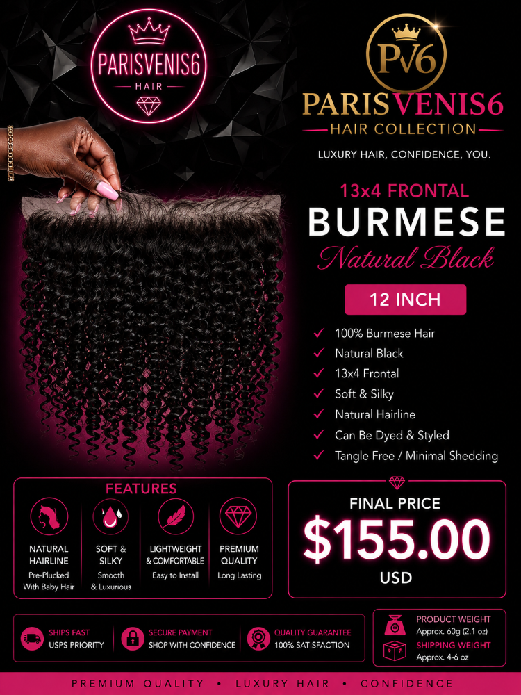 Parisvenis6 Natural Black Virgin Burmese Frontal 13x4 Frontal Only12''