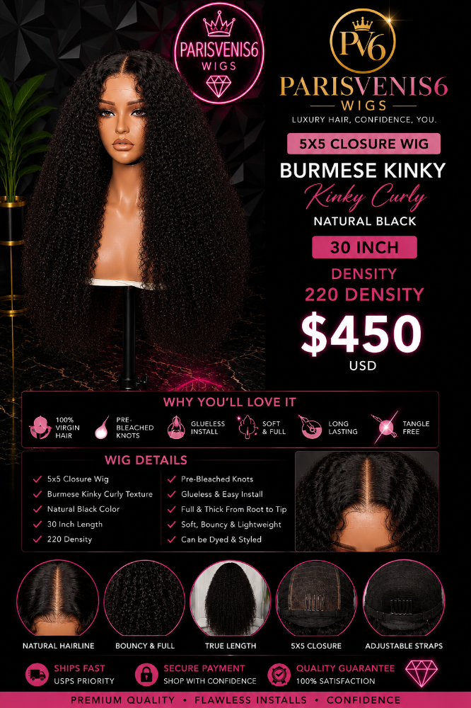 Parisvenis6 30'' Natural Black 5x5 Closure 220 Density Burmese Kinky