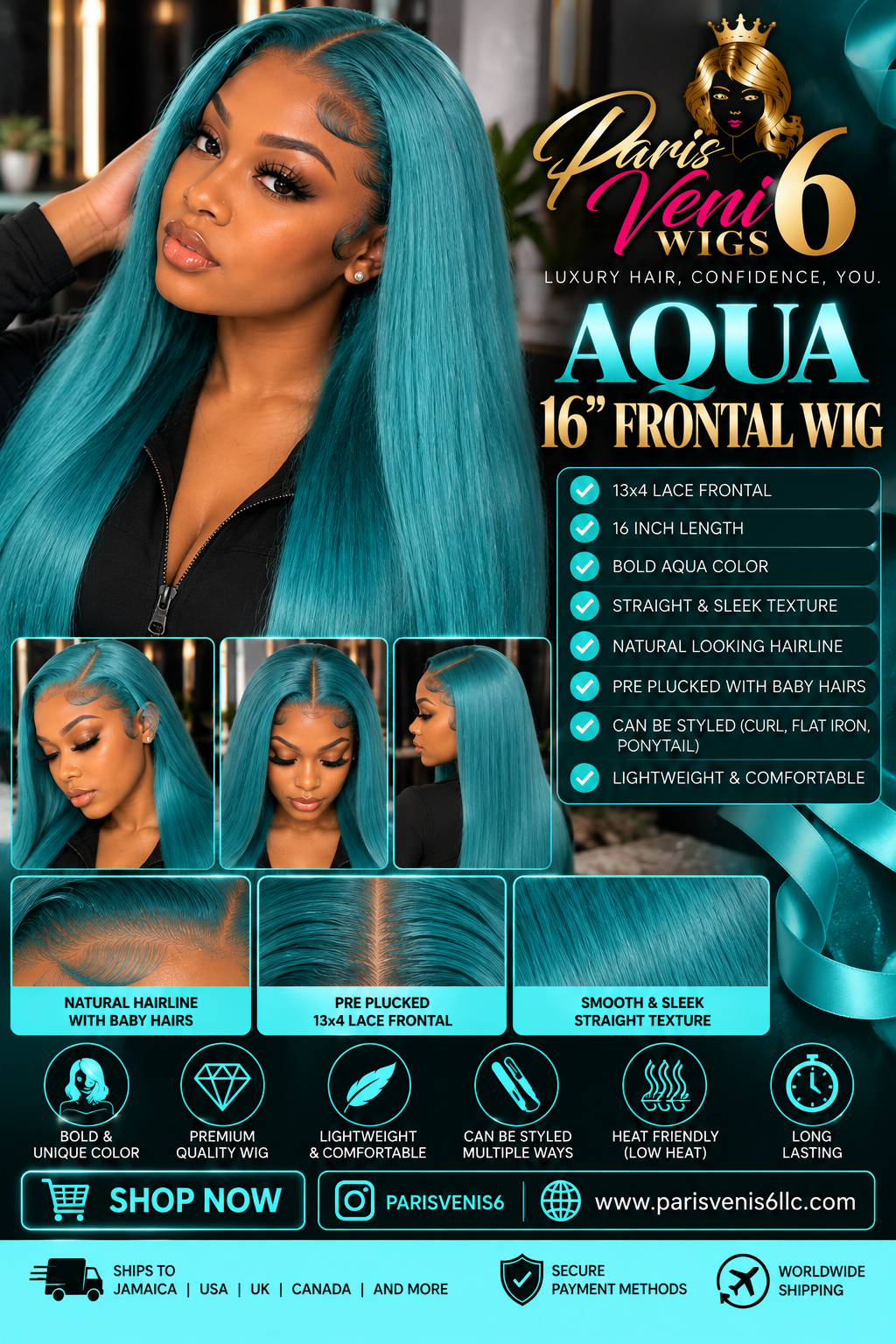 16” Aqua Blue Human Wig