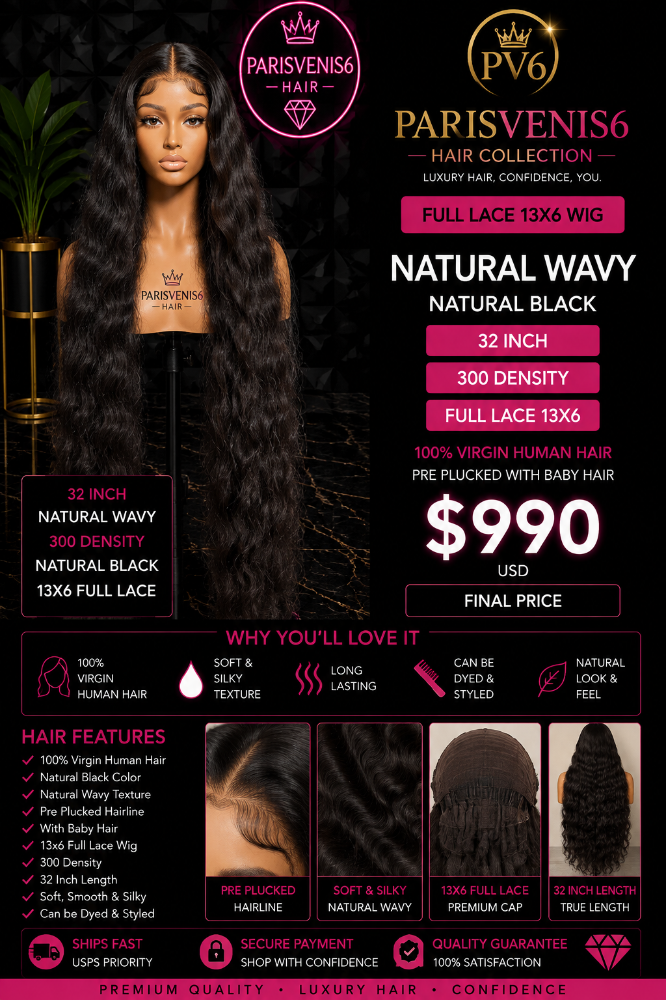 Parisvenis6 Natural Wavy Human Wig 13x6 Frontal 300 Density