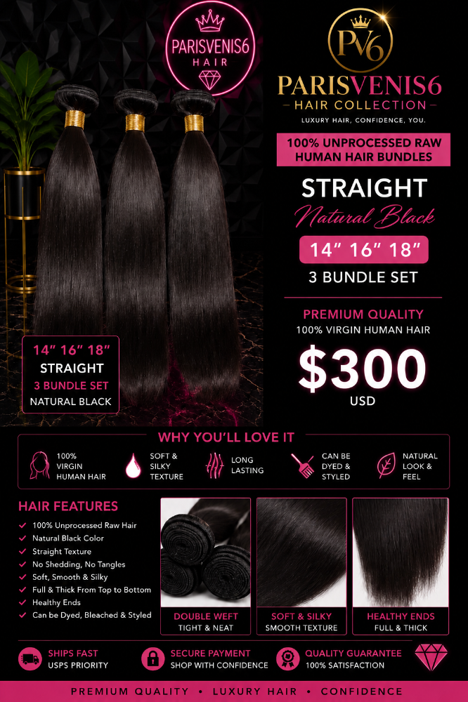 Parisvenis6 Virgin Straight Human Bundles Natural Black 14',16',18' (3)